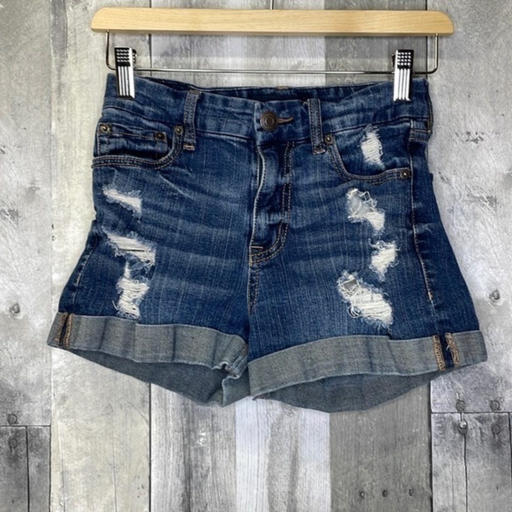 Aeropostale cuffed denim shorts with distressing.  Size 0.  EUC. High rise curvy